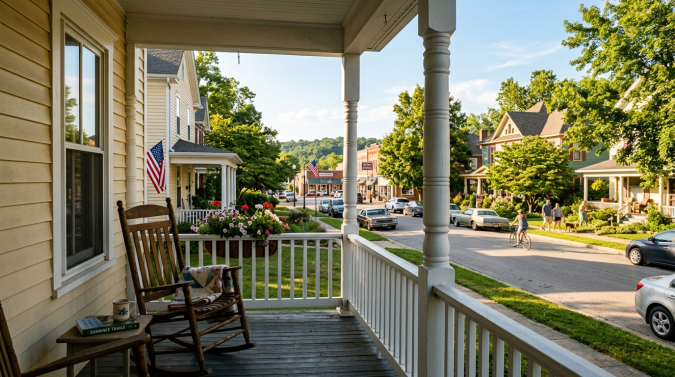 Front porch with rocking chair and book overlooking neighborhood street with houses, trees, and people